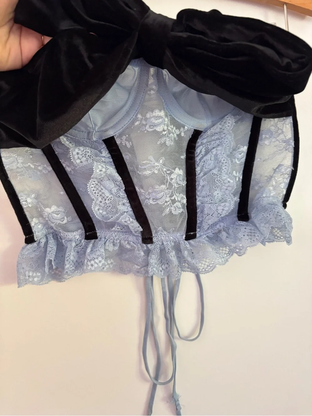 Out From Under Bow Down To Me Velvet & Lace Corset Bustier Top Black Light Blue